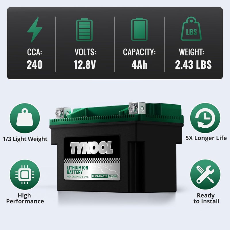 TYKOOL YTX9-BS -STD 12.8V 4Ah, 240CCA Lithium LiFePO4 Motorcycle Battery,2X Cranking Amps,5X longer life,Powersports battery,for ATV,UTV - Image 5